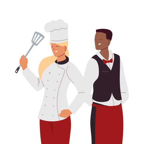 Mujer chef con uniforme y camarero con delantal — Archivo Imágenes Vectoriales