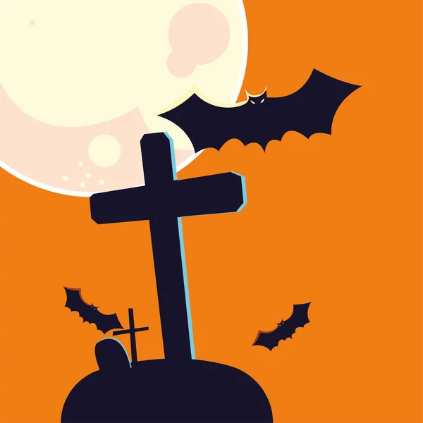 Halloween murciélago de dibujos animados y tumba en frente de diseño de vectores lunares — Vector de stock