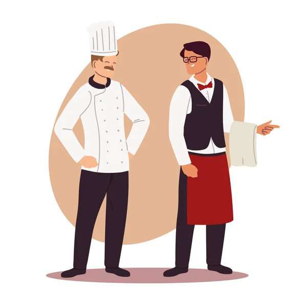 Cozinhe profissional e garçom com uniforme — Vetor de Stock