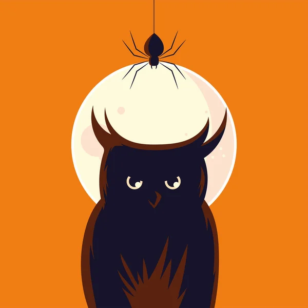Halloween sova karikatura s pavoukem před měsíc vektor design — Stockový vektor
