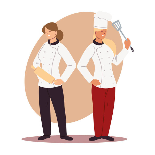 women chefs professional with uniform and kitchen utensils