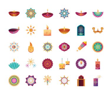 Hindistan Festivali için beyaz arkaplanda ışık ikonları