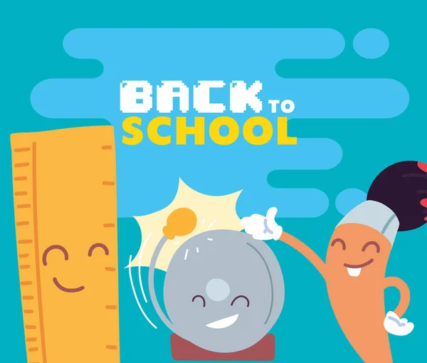 Lineal-Alarm und Pinsel-Karikatur von Back to School Vektor Design — Stockvektor
