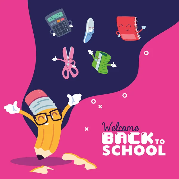 Potlood en pictogram set cartoons van terug naar school vector ontwerp — Stockvector