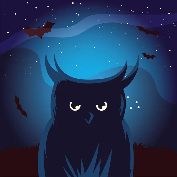 Halloween Eule Cartoon mit Fledermäusen bei Nacht Vektor-Design — Stockvektor