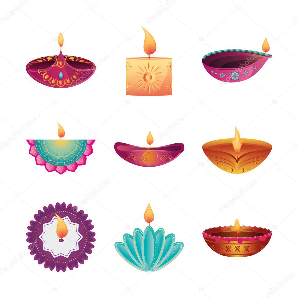 set of icons festival of lights, candles in white background