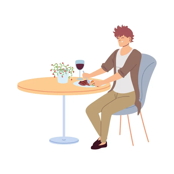 Jeune homme assis dans un restaurant dînant avec un verre de vin sur fond blanc — Image vectorielle