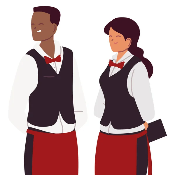Young couple of waiters in uniform — Stock Vector