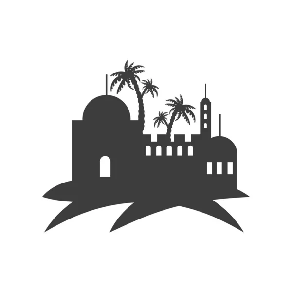 Wüste Stadt Gebäude Palmen Szene Silhouette — Stockvektor