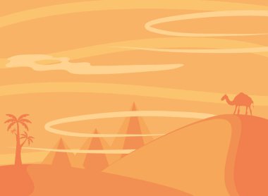 Deve palmiyeleri ve piramitlerle kurak çöl