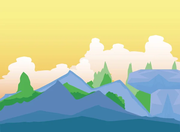 Paysage montagnes rocheuses et verdure forêt nuages ciel — Image vectorielle