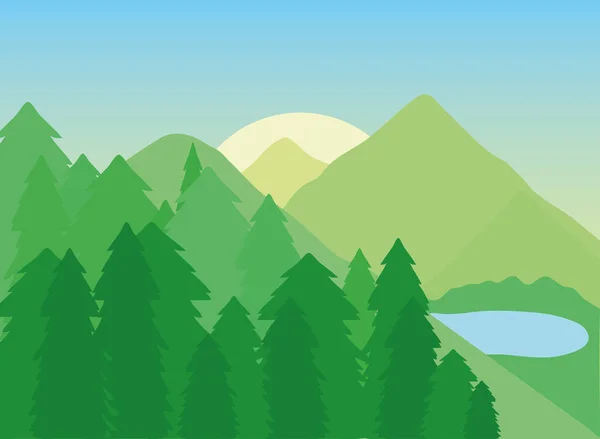 Paisaje verde montañas árboles bosque lago — Vector de stock