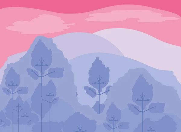 Landschaft Berge Wald Laub Bäume Himmel lila Design — Stockvektor