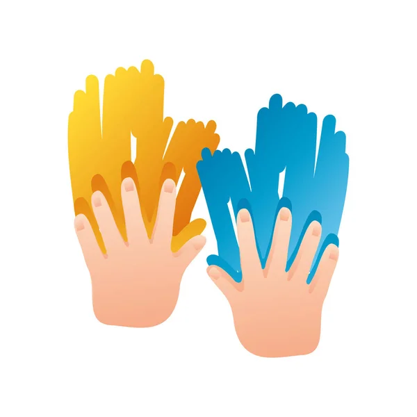 Día del síndrome de Down mundo, manos pintando manchas azules y amarillas — Archivo Imágenes Vectoriales
