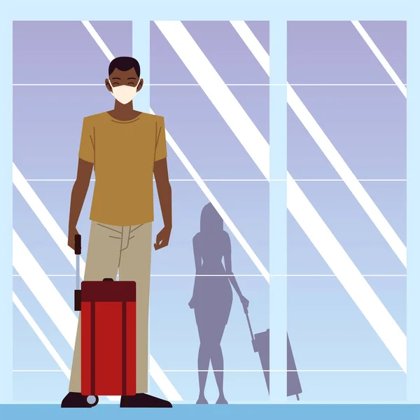 Αεροδρόμιο νέο φυσιολογικό, νεαρός άνδρας με βαλίτσα που ταξιδεύουν κατά τη διάρκεια πανδημίας — Διανυσματικό Αρχείο