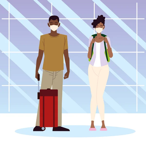 Havaalanı yeni normal, Afro-Amerikan çift bavul ve sırt çantası — Stok Vektör