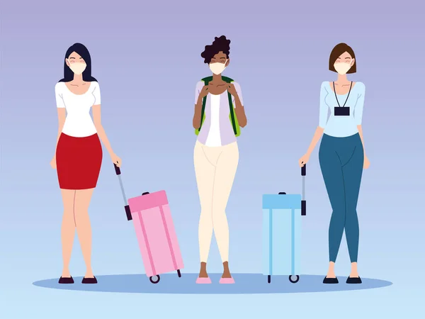 Repülőtér új normál, csoport női karakterek maszkok és bőröndök — Stock Vector