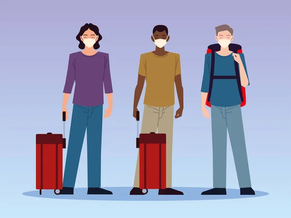 Aeropuerto nuevo normal, jóvenes personajes viajeros con máscaras y equipaje — Archivo Imágenes Vectoriales