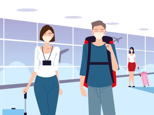 Aeroporto nuovo normale, giovani con maschere protettive mantenendo la distanza sociale — Vettoriale Stock