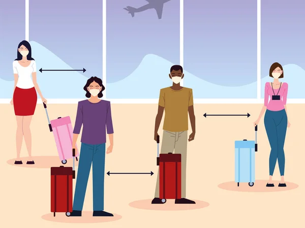 Aeroporto nuovo normale, gruppo di persone distanza sociale tra i passeggeri — Vettoriale Stock