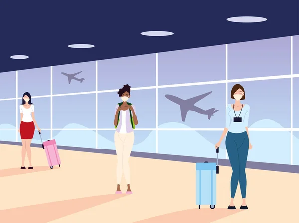 Aeroporto novo normal, mulheres com máscaras e distanciamento físico — Vetor de Stock