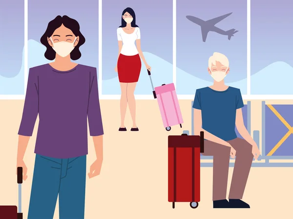 Aéroport nouveau normal, passagers avec masques et valises en attente vol garder une distance sociale — Image vectorielle