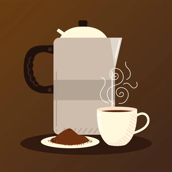 Métodos de fabricação de café, xícara de café pote e sementes em pires —  Vetores de Stock