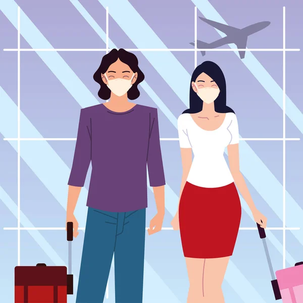 Flughafen neue Normalität, Mann und Frau mit Schutzmasken und Koffern — Stockvektor