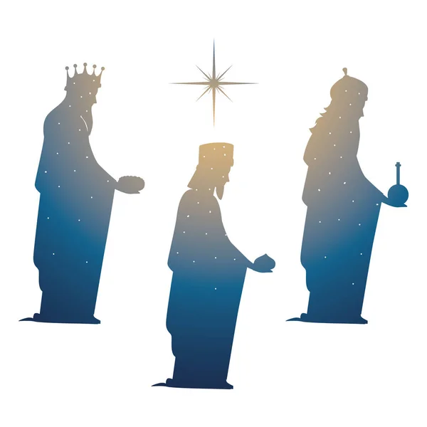 Natividade, silhueta de gradiente três reis sábios com presentes estrela brilhante — Vetor de Stock