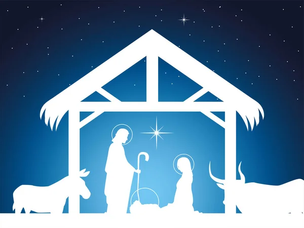 İsa 'nın doğuşu, bebek İsa' nın yemlikte Meryem Joseph ve hayvanlarla olduğu sahne. — Stok Vektör