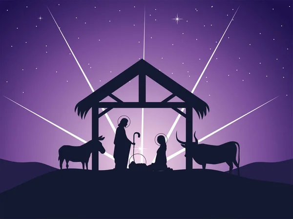 Narodzenia, Józef Maria Dzieciątko Jezus żłóbek i świecąca gwiazda — Wektor stockowy