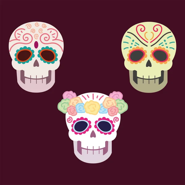 死者の日メキシコのお祝いの花と砂糖の頭蓋骨の白菜 — ストックベクタ