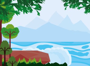 Manzara dağları, kıyı ormanı ve göl dalgaları.