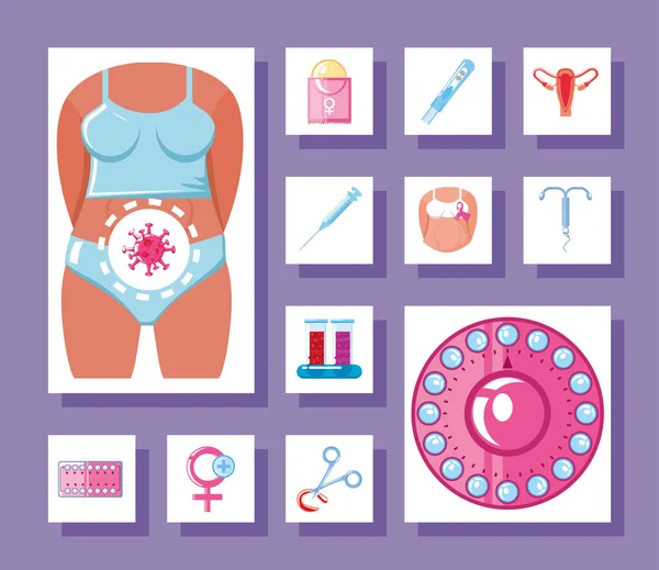 Salud sexual, métodos anticonceptivos género y cinta iconos línea llenar azul — Archivo Imágenes Vectoriales