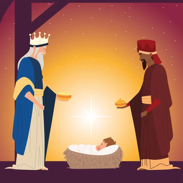 Natividad, reyes sabios con regalo para el bebé Jesús celebración tradicional religiosa — Vector de stock
