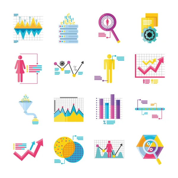 Datenanalyse, enthält Symbole wie Diagramme, Diagramme, Lupe detailliert — Stockvektor