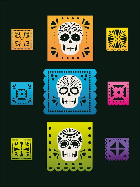 死者の日、頭蓋骨と花のお祝いでメキシコの芽 — ストックベクタ