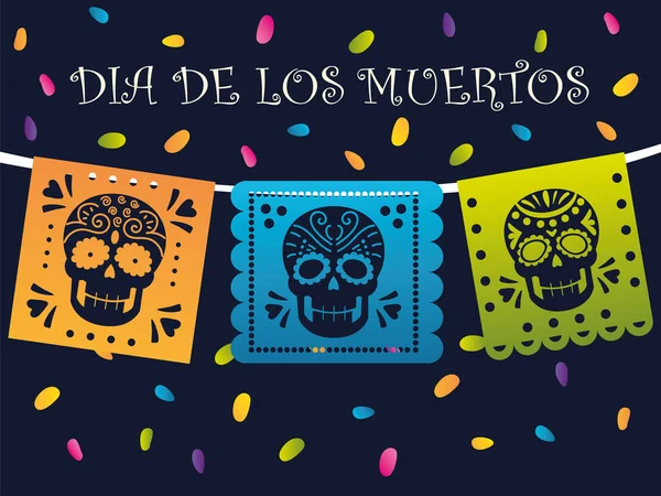 Day of the dead, mexican bunting with skulls and confetti celebration — Stock Vector