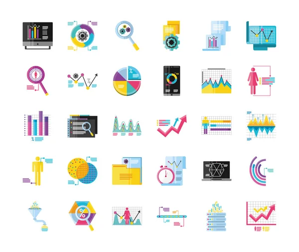 Analyse des données, pack icônes présentation du système de financement des entreprises stock et autres détails — Image vectorielle