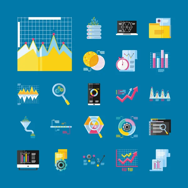 Analyse de données, icônes processus de diagramme de rapport financier d'entreprise détaillé — Image vectorielle