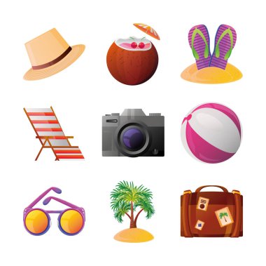 Yaz tatili seyahati, ikonlar dizisi, turizm eğlencesi, ayrıntılı stil