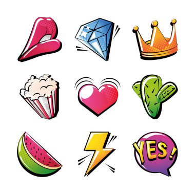 Beyaz arkaplanda bir dizi simge pop sanatı