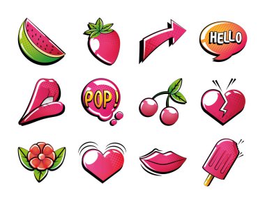 Beyaz arkaplandaki simgelerin pop sanat tarzı