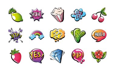 Simgeler beyaz arkaplan üzerinde pop sanat tarzı