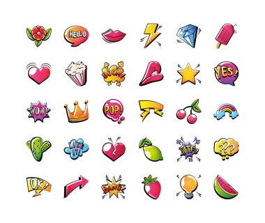 Beyaz arkaplanda pop sanat tarzı simgeler seti