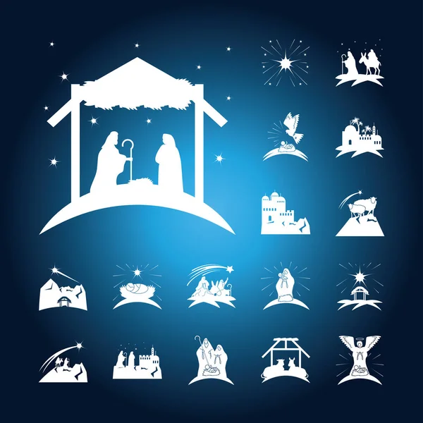 Natividade, nascimento de Cristo celebração tradicional religiosa, ícones borrão fundo azul —  Vetores de Stock