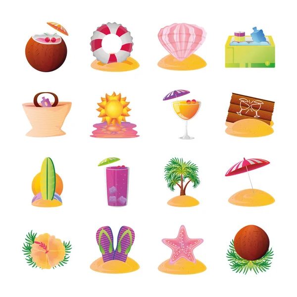 暑假旅行，鸡尾酒壳，鸡尾酒海星，椰子图标设置详细风格 — 图库矢量图片