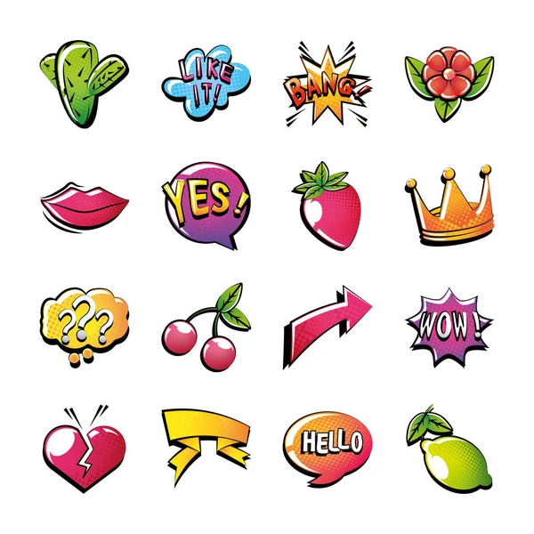 Beyaz arkaplanda pop sanatları simgeleri seti