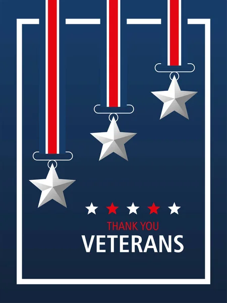 Feliz día de los veteranos, gracias tarjeta, medalla estrellas símbolo patriótico — Archivo Imágenes Vectoriales