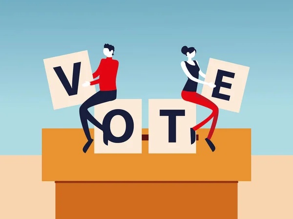 Giorno delle elezioni, uomo e donna con lettere di voto in scatola di cartone — Vettoriale Stock